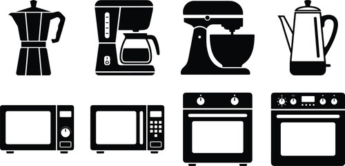 Kitchen appliances icons, espresso maker, coffee machine, stand mixer, percolator, microwave oven, conventional oven, cooking tools, black white illustration