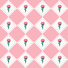 Cute grid floral seamless pattern pink background