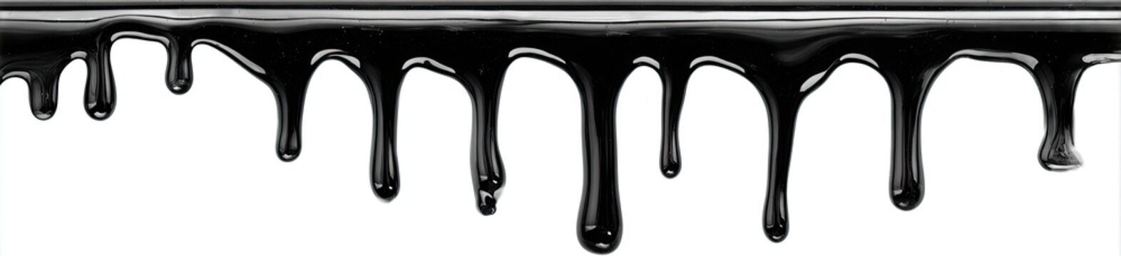 A horizontal band of flowing, glossy black material with dripping patterns against a white background