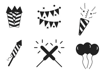 Bundle of isolated illustrations of fireworks icons in black and white flat design style for images, icons and promotional image elements for new year and birthday fireworks party events.