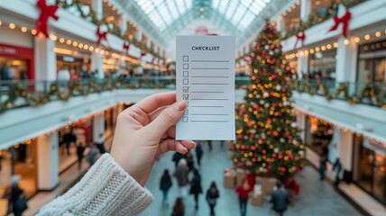 A hand holds a checklist with one item checked off, set against a festive shopping mall backdrop adorned with holiday lights and a large Christmas tree
