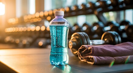 Brightly lit gym with a blue sports drink bottle dumbbells and a folded towel on a wooden surface ready for a workout session