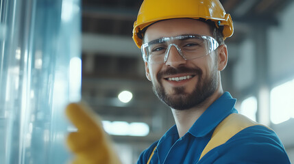 A smiling factory worker with a beard wearing a yellow hardhat and clear safety glasses, posing in a factory with a blue shirt and yellow sleeves and a blurred background.