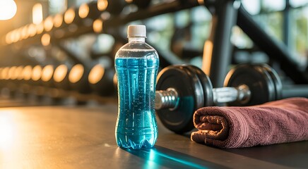 A refreshing blue sports drink bottle and a brown towel resting on a dark gym floor with blurred out dumbbells and fitness equipment in background warm sunlight streaming in