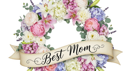 Floral wreath with Best Mom banner and black background flowers bouquet