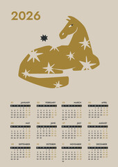Wall calendar A3 week starts Monday golden Horse in folk style. Year of the horse vector template