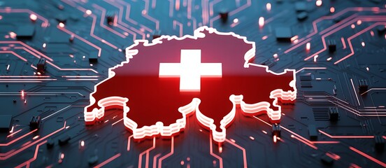 Switzerland map in glowing red and white on a dark technological circuit board background symbolizing digital innovation and national identity
