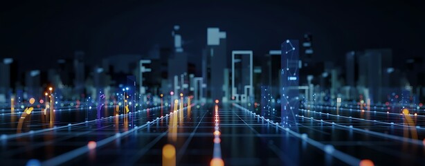 Obraz premium Smart city with glowing lines and digital connections forming a futuristic urban landscape at night representing advanced infrastructure and communication