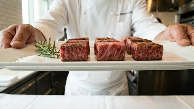 Professional chef in a white uniform from le bernardin presenting perfectly seared wagyu beef cubes with fragrant rosemary and coarse salt on a white rectangular plate in a high-end restaurant kitchen