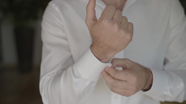 A close up video of a man's hands adjusting the sleeves or fixing the cuffs of a crisp white dress shirt. getting dressed for a formal or special event.