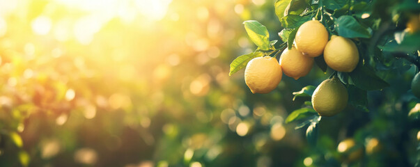 Naklejka na ściany i meble Fresh Lemons on Tree with Sunlit Background