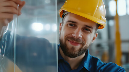 A smiling factory worker in a yellow hard hat confidently presents a pristine sheet of glass, embodying precision and expertise in a modern industrial setting.