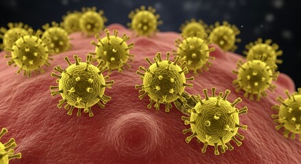 Microscopic view of yellow virus particles on a red surface