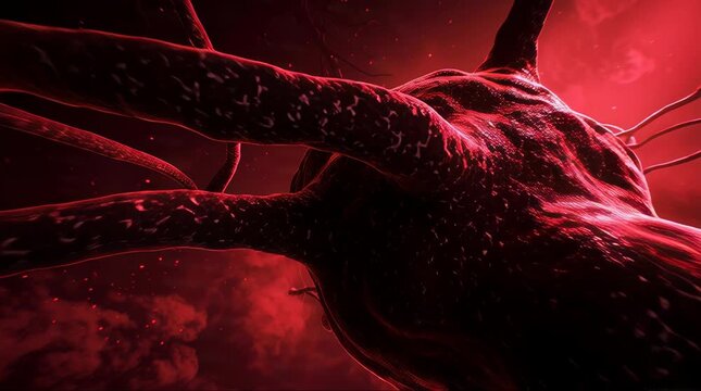 Close-up view of a red neuron cell with intricate branching dendrites and axon terminals, illustrating the complexity of the nervous system.