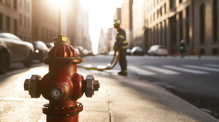 A fire hydrant stands ready in the city street as a firefighter attends to a connected hose nearby. The scene is illuminated by the warm light of the sun.