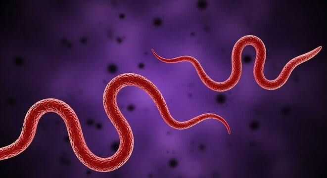 Microscopic view of a red parasitic worm with a segmented body against a dark purple background