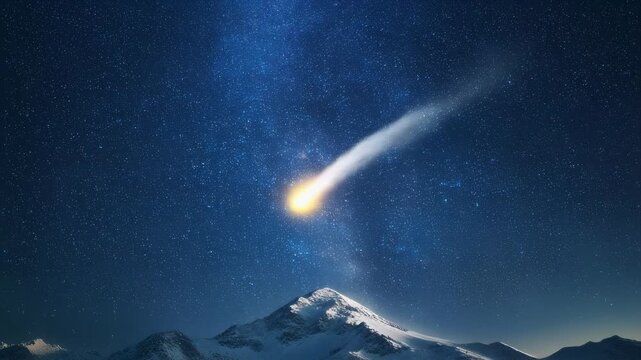 A glowing shooting star traveling across the starry sky above snowy peaks. Slow cinematic tilt from mountain to sky, peaceful and inspirational winter fantasy tone.