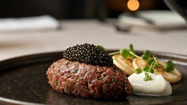 Steak tartare topped with luxurious black caviar, served alongside fresh blinis, sour cream, and microgreens, creating an exquisite fine dining experience