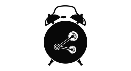 A striking black alarm clock illustration with detailed hands and base presented as a silhouette