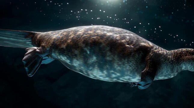 An ancient marine reptile, possibly a plesiosaur, gracefully swims through dark ocean waters with light filtering from above.