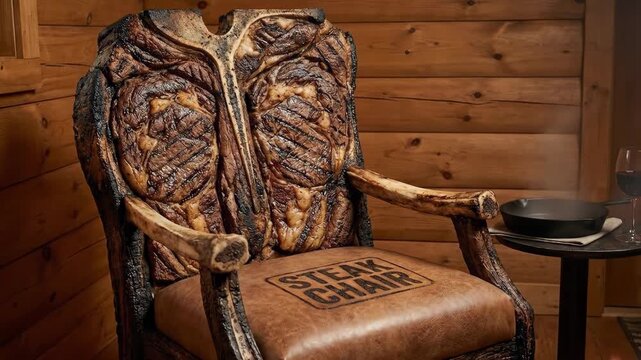Unique armchair featuring a grilled t-bone steak design forming the backrest and armrests, paired with a comfortable leather seat and a side table holding a cast iron pan and red wine