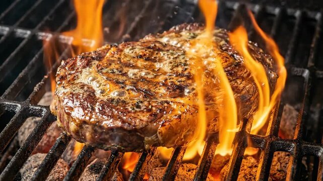 Ribeye steak cooks on a hot charcoal barbecue grill, with flames licking the meat, emphasizing outdoor cooking, food preparation, and delicious flavor