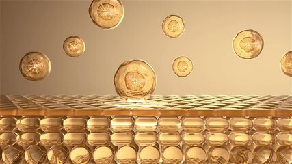 Golden essence balls penetrate the skin layer to activate cells, promote cell regeneration, Anti-aging, cell elasticity and hydration, anti-wrinkle,moisturizing, protect against UV damage,3D rendering