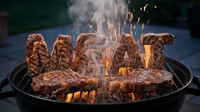 Grilled beef steaks forming the word meat on a hot barbecue grill, cooking over glowing charcoal with visible flames and smoke, symbolizing a love for meat