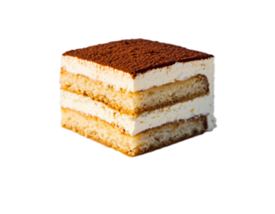 Cut out slice of fresh tiramisu cake isolated on white background