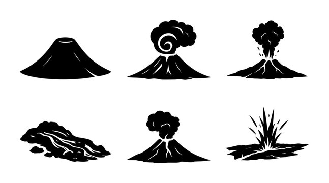 Volcano eruption silhouette icons set, lava flow and ash plume