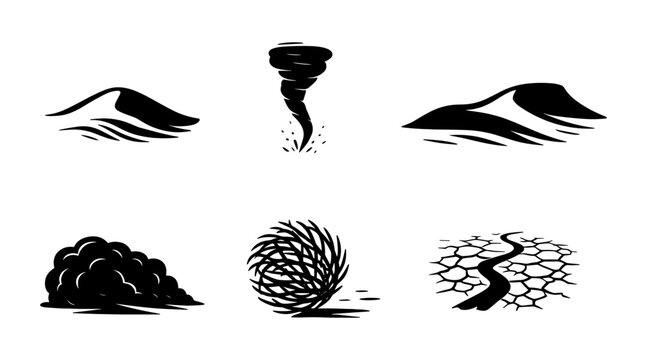 Desert landscape silhouette icons set, sand dune, dust storm and cracked ground