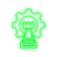Bright lime green illuminated icon for development or brainstorming, a gear and bulb