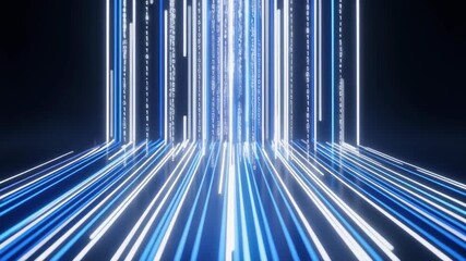 Glowing blue data streams and falling binary code depicting digital information flowing across a futuristic dark surface - Powered by Adobe