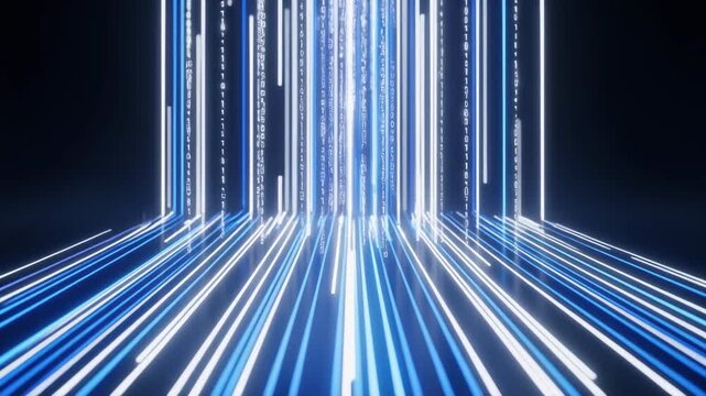 Glowing blue data streams and falling binary code depicting digital information flowing across a futuristic dark surface