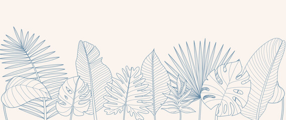 Fototapeta premium Tropical leaves background vector. Natural jungle monstera palm leaves design in minimal pale green color with contour line art. Design for fabric, print, cover, banner, decoration, wallpaper.