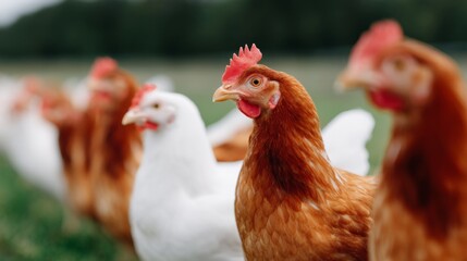 Fototapeta premium A vibrant scene with a group of chickens in a lush green field. The chickens vary in color, creating a lively atmosphere. Perfect for agricultural themes and nature photography. AI