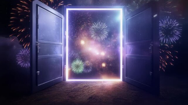 A shimmering portal opening in the sky revealing a star-filled universe as fireworks explode around it. Epic sweeping camera upward, glowing cosmic lighting, dramatic fantasy&ndash;sci-fi hybrid celebration