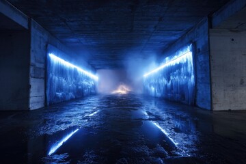 Fototapeta premium Dark, concrete tunnel with blue neon lights and reflections, possibly after a downpour