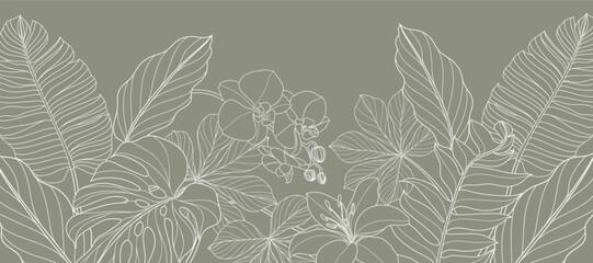 Fototapeta premium Tropical leaves background vector. Natural jungle monstera palm leaves design in minimal pale green color with contour line art. Design for fabric, print, cover, banner, decoration, wallpaper.