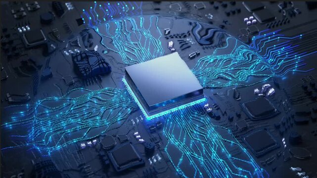 Chip is connected to the motherboard. The chip emits light to connect and activate the circuit board, activating the entire system to emit particles and lines.Shocking technology 3D animation.