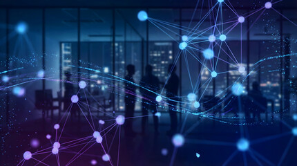 Silhouettes of people in office with glowing digital network overlay abstract