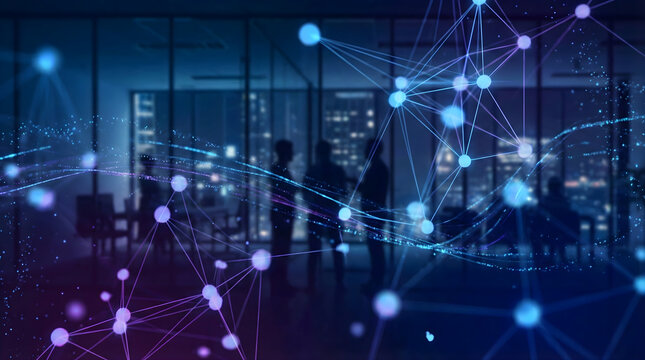 Silhouettes of people in office with glowing digital network overlay abstract - Powered by Adobe