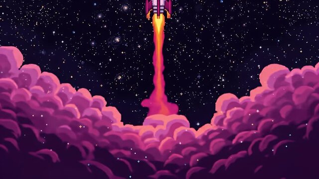 Pixel art rocket launching through pink clouds