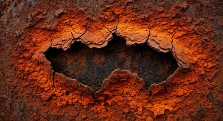 Fototapeta premium Closeup of heavily rusted orange metal with a dark irregular void showing cracked and flaky corrosion