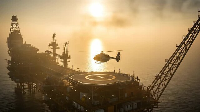 Helicopter Approaching Helicopter Pad on Offshore Oil Rig During Golden Hour Sunset Over Calm Ocean Waters