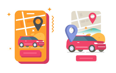 Car auto rental sharing location on city map service icon vector flat modern graphic design illustration set on mobile cell phone app, vehicle taxi route gps navigation web minimal simple interface
