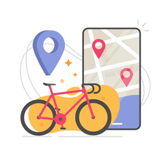 Bicycle rental sharing location place on city street map icon vector modern design graphic illustration, bike gps navigation travel search find service mobile phone app, urban transport delivery track