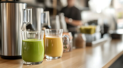 Freshly squeezed green and yellow juices sit on a wooden counter in a bright kitchen. A metallic juicer is in the background, suggesting healthy living and homemade beverages.