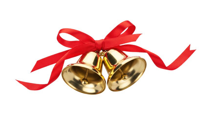 Golden Christmas Jingle Bells Tied with Bright Red Ribbon on Transparent Background