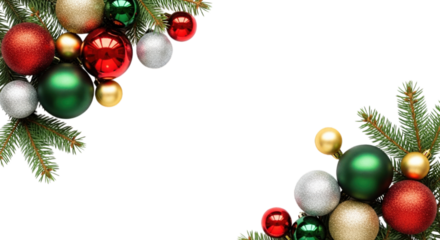 Festive Christmas Border with Red Green Gold Silver Ornaments and Evergreen Branches on Transparent Background